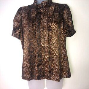Worthington Petite Brown Scales Pattern Blouse‎ Button Down PL